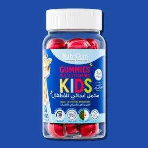 Nutrigum Kids Gummies, un complément alimentaire pour enfants, enrichi en vitamines essentielles pour renforcer le système immunitaire et favoriser une croissance saine.