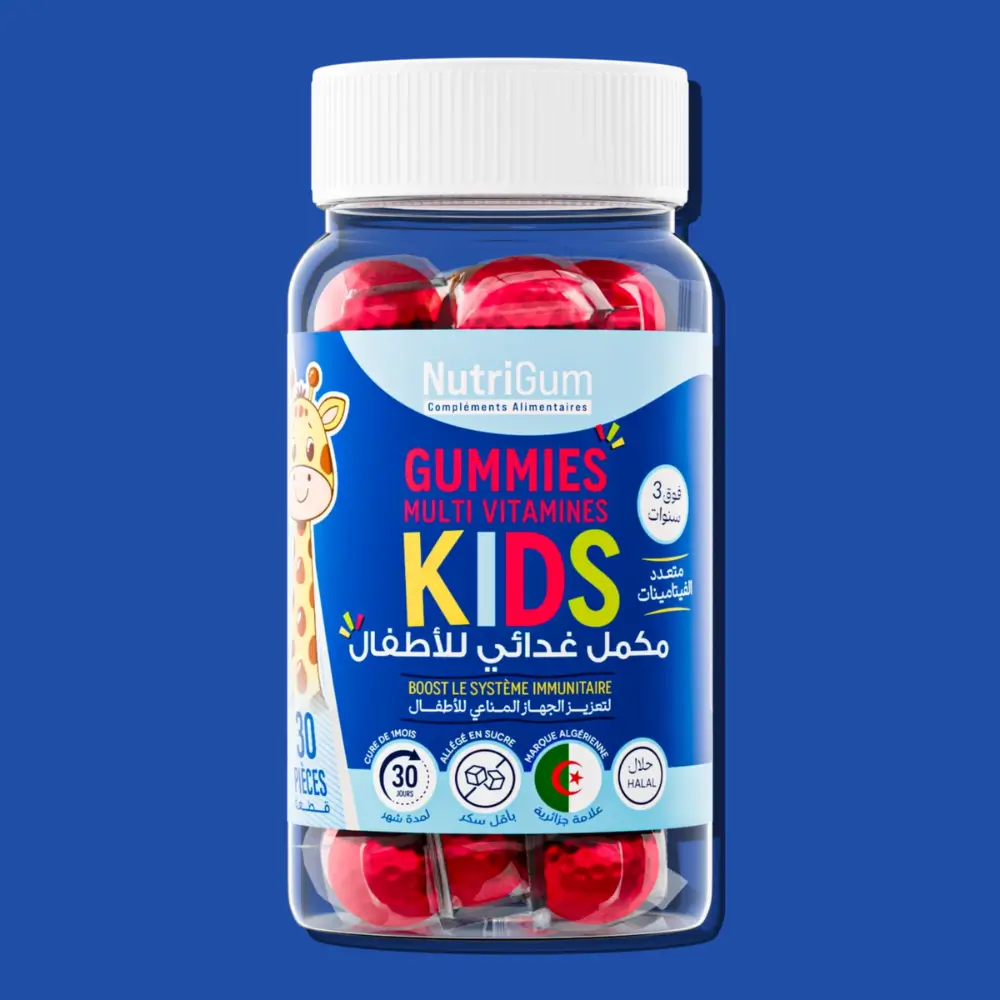 Nutrigum Kids Gummies, un complément alimentaire pour enfants, enrichi en vitamines essentielles pour renforcer le système immunitaire et favoriser une croissance saine.