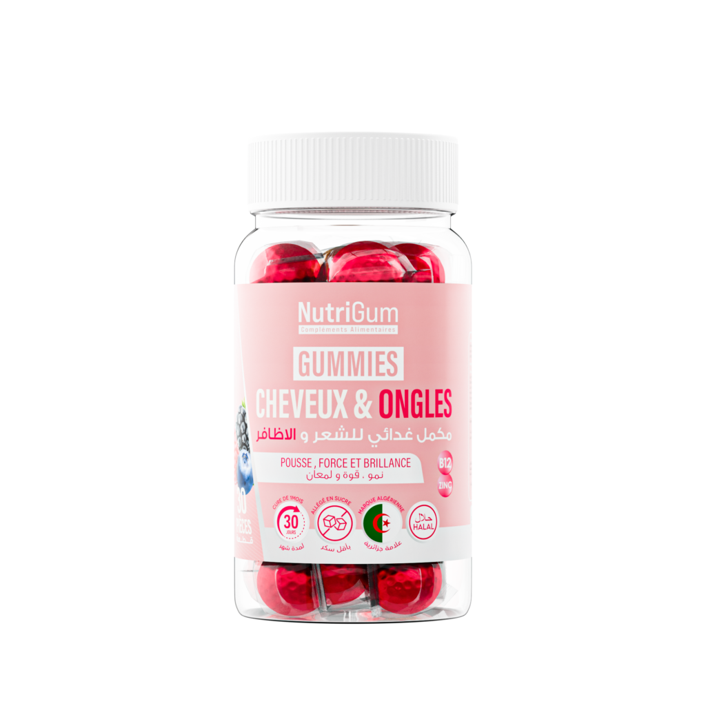 Nutrigum complement alimentaire Cheveux & Ongles : des gummies enrichis en biotine, zinc et vitamines essentielles pour renforcer vos cheveux et ongles en toute simplicité.