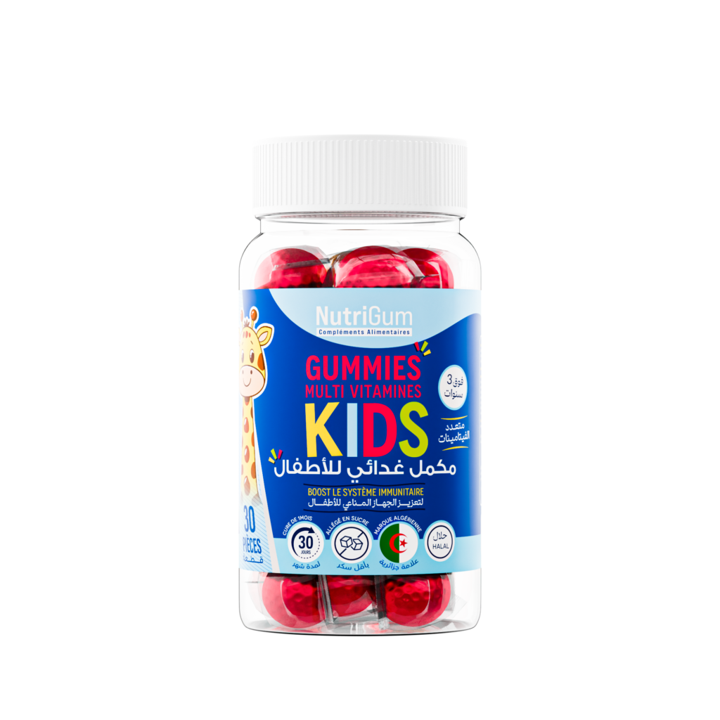 Nutrigum Kids Gummies, un complément alimentaire pour enfants, enrichi en vitamines essentielles pour renforcer le système immunitaire et favoriser une croissance saine.